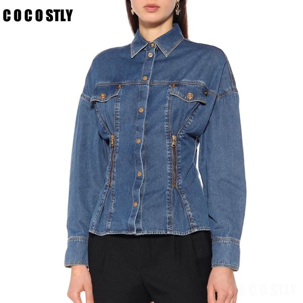 

2019 fashion denim jacket women zipper waist personality denim jackets female's long sleeve tide coat vestido, Black;brown