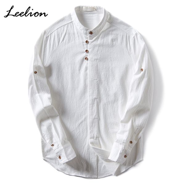 

leelion 2017 pure linen shirt men mandarin collar long sleeve casual slim fit vintage men's shirts camisa masculina plus size, White;black