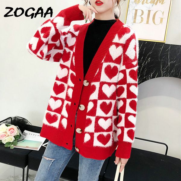 

heart printed sweater cardigan women 2019 autumn winter long sleeve v-neck sweater casual single breasted female cardigan coat, White