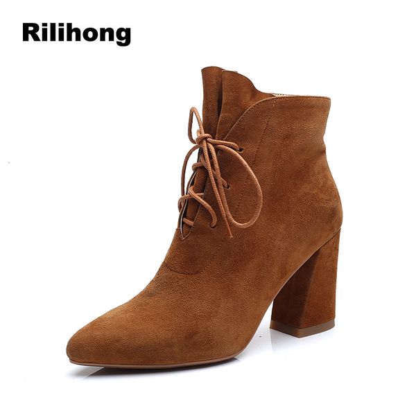 

rilihong lace u ankle boots 2018 autumn high heel pointed toe shoes women solid flock retro booties ladies shoes, Black