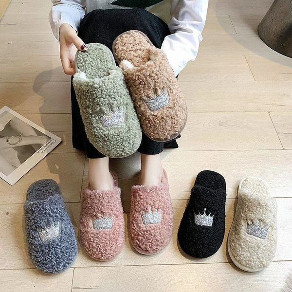 

cute embrodiery crown plush slippers for girl women soft comfortable colorful winter slipper ladies house slippers, Black