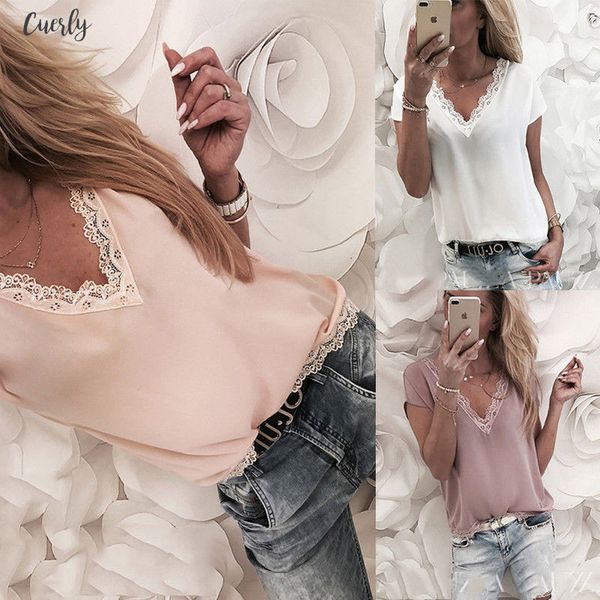 

2020 women blouse summer casual loose short sleeve short sleeve solid lace v neck chiffon blouses female shirts vest blusa, White