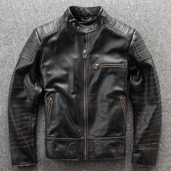 

2020 fashion natural leather jacket mens slim fit genuine leather pockets zippers motor biker outwear cow overcoats, Black