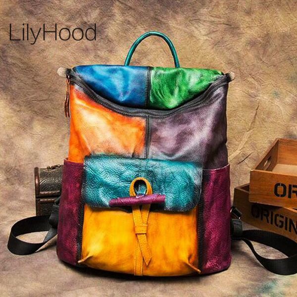 

cowhide brushed-off leather backpack women genuine leather big capacity knapsack female vintage multicolor patchwork packsack