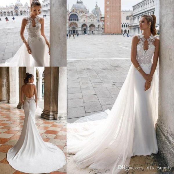 

new design a line wedding dresses with detachable train high neck beaded lace appliqued backless beach bridal gowns vestidos custom made, White