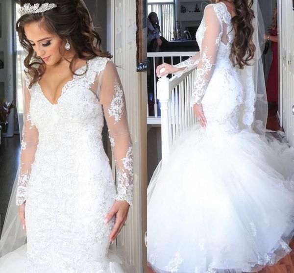 

mermaid 2019 long sleeves lace wedding dresses south african sequins beading luxury dubai arabic lace novia plus size castle bridal gowns, White