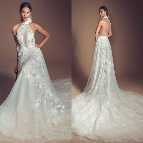 

open back tulle wedding dresses halter neck a line bridal gown lace appliques bohemian vestido de novia, White