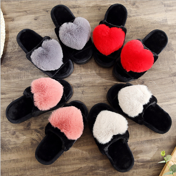 

pp cotton promotion plush bow slippers home slipper house love heart shoes for women men, Black