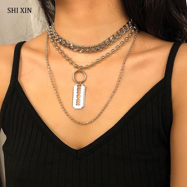 

shixin 3 pcs/set punk layered chain razor blade pendant necklace for women/men chunky chain beads necklace hip hop choker collar, Silver