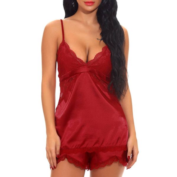 

2019 женщин кружева атласное белье пижамы пижамы наборы дамы сексуальное ночное платье babydoll шелка ночное платье сорочка ночные ночные ру, Black;red