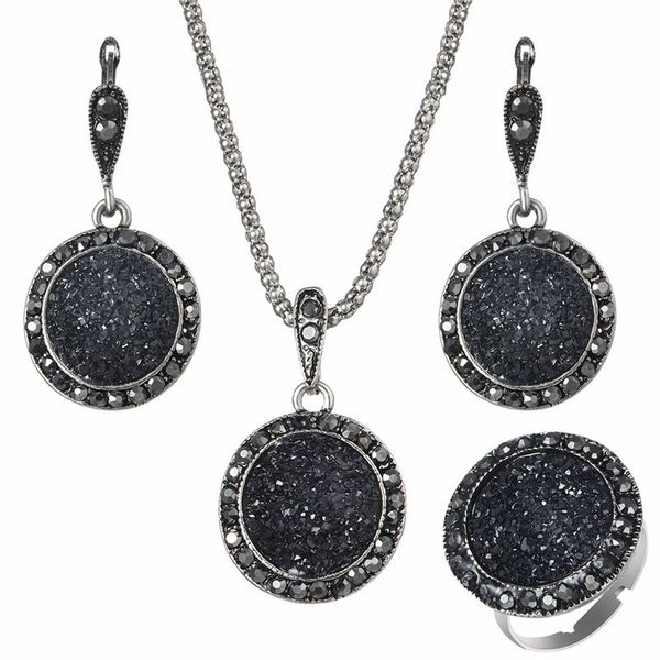 

vintage black gem jewelry set fashion women jewelry set antique silver crystal round stone pendant necklace sets 3pc