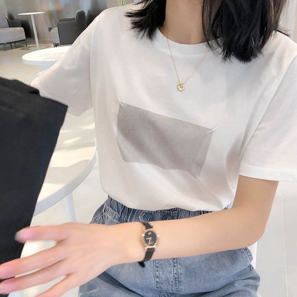 

homemade handmade sewing square cotton t-shirt printed short-sleeved women's 2020 pure cotton t-shirt 9161, White