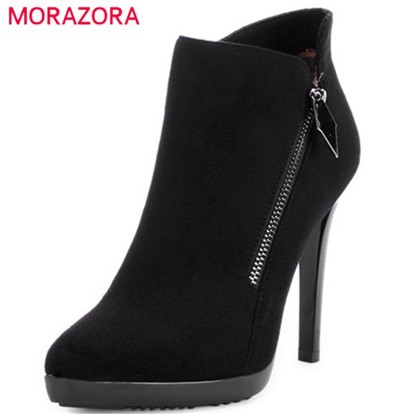 

morazora pointed toe flock zip ankle boots for women fashion shoes platform womens boots in spring autumn female, Black