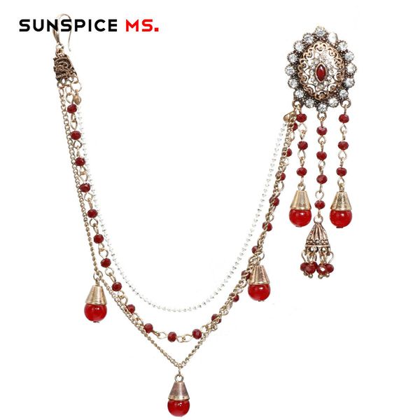 

sunspice ms indian jewelry earring link headdress long tassel antique gold color bead chain ethnic wedding bijoux, Golden