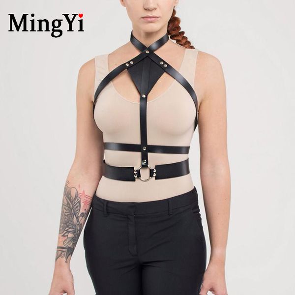 

fashion punk leather body harness bondage chest straps belt goth black studded rivet open bra crop festival party wear, Red;black