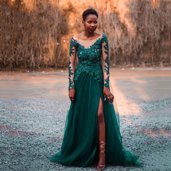 

охотник африканские длинные рукава сплит кружева вечерние платья 2020 с бисером аппликации развертки поезд тюль формальные выпускные вечерни, Black;red