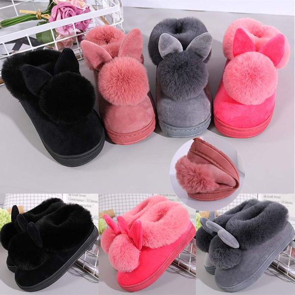 

winter women cotton slippers lovely rabbit ears warm plush fur-lined home slippers indoor floor shoes woman ladies shoes new, Black