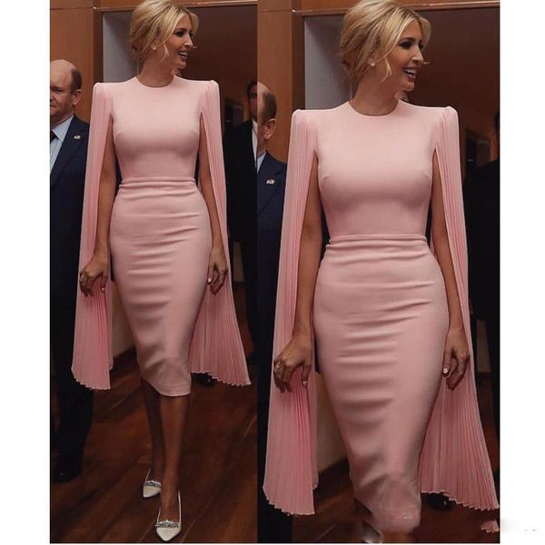 

pink sheath knee length evening dresses with cape jewel neck satin and chiffon short formal gown custom made ladies prom party gowns, Black;red