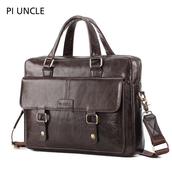 

piuncle brand genuine leather men's briefcase lapbag for men business handbag cowhide men crossbody travel bag brown leather