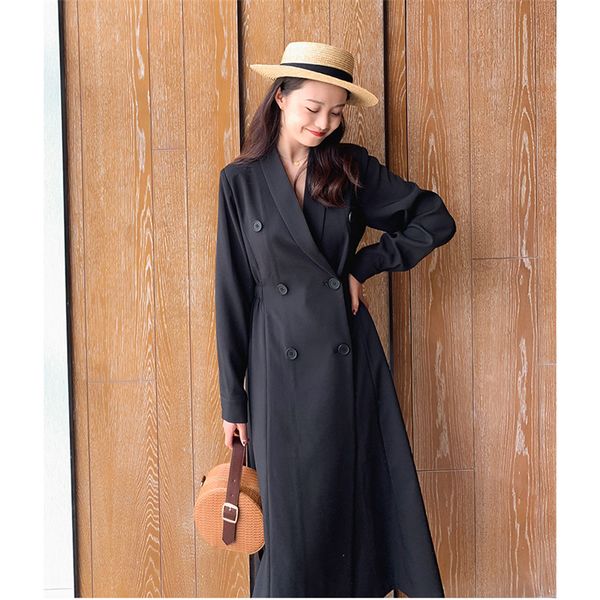 

2019 korean spring autumn retro lapels double-breasted minimalist british wind long blazer suit women trench coats x853, White;black
