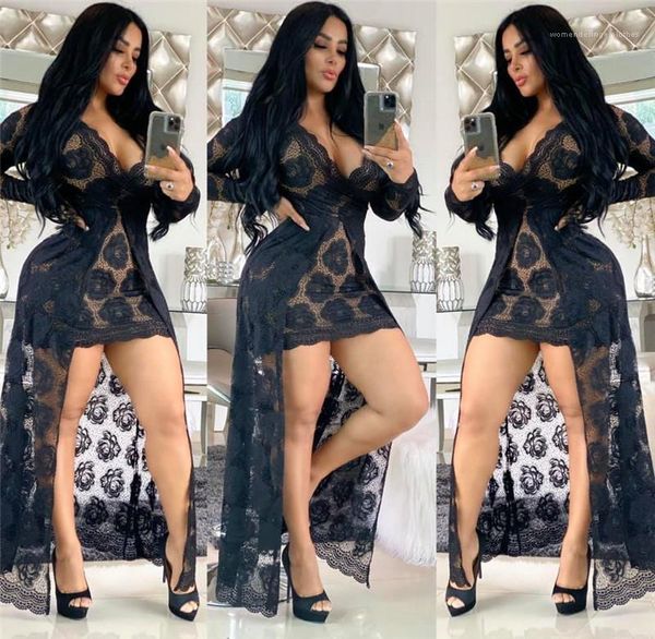 

casual dresses deep v neck long sleeve solid color lace irregular dress women clothing spring womens designer, Black;gray