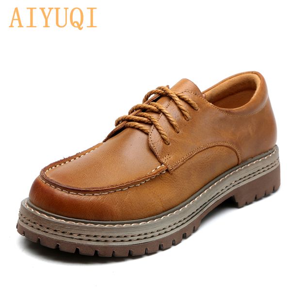 

aiyuqi genuine leather shoes women ladies 2019 new british wind lace-up retro student shoes women casual flat, Black
