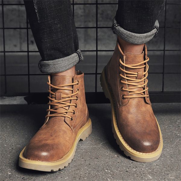 

men fashion lace-up ankle boots men's summer and autumn boots outdoor round head anti-skid high tube, Black