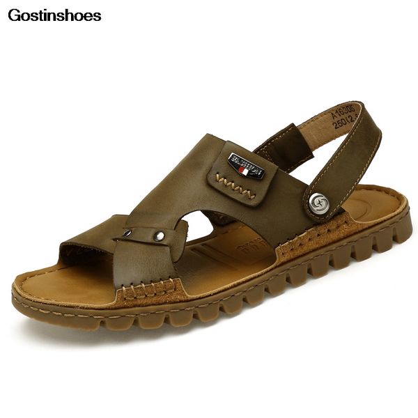 

man sandals shoesfull grain leather casual large size beach shoes sandalias de playa sandal men, Black