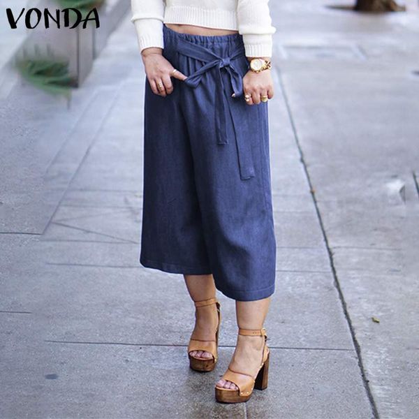 

2020 vonda demin wide leg pants women casual loose long pants plus size women's trousers elegant summer bottoms s-5xl, Black;white
