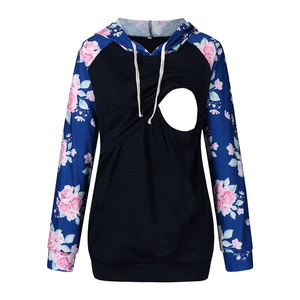 

spring autumn hoodies women maternity long sleeve double layer floral hooded coat ladies nursing kangaroo pocket hoodies, White