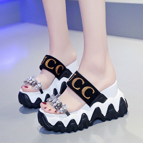 

9cm/3.5 inch height wedge slides fashion summer sandals outdoor slippers flat platform thick bottom, Black