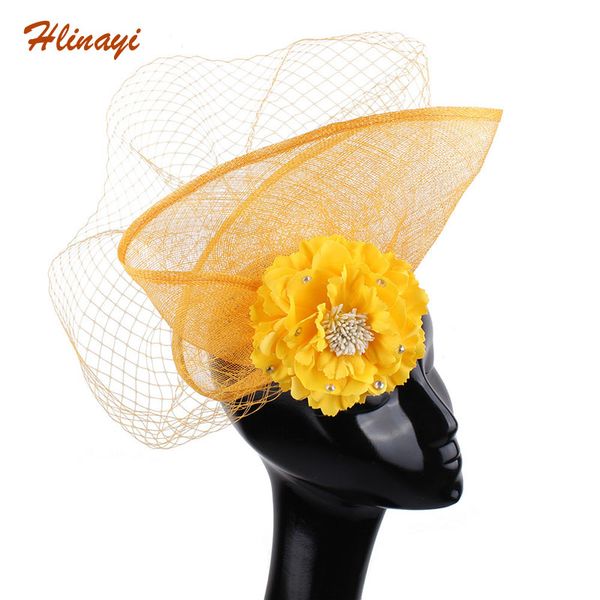 

hlinayi 2019 yellow cambric headdress bride gauze wedding hat british fashion cocktail reception runway show hat, Blue;gray