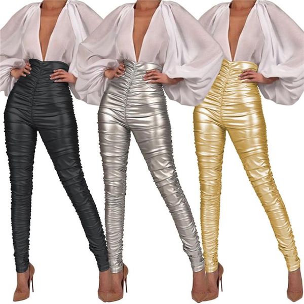 

women bodycon pants clubwear high waist black gold silver elastic pleated female pencil legging trousers plus size lady xl, Black;white