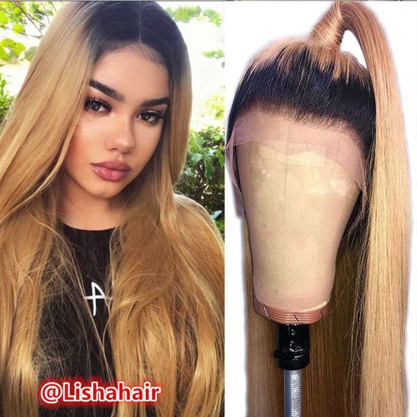 Ombre Honey Blonde Color 1b 27 Glueless Full Lace Human Hair Wigs Brazilian Straight Lace Front Wig For Black Women Canada 2019 From Lishahair Cad