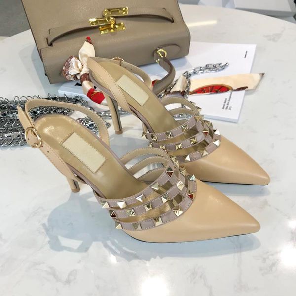 

2020 designer luxury women sandals genuine leather with rivets classic low heel party dress shoes plus size 35-41, Black