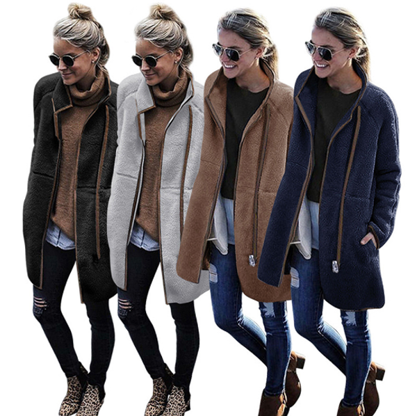 

fashion high collar color matching long coat zipper pocket plush women's four colors, Black