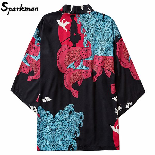 

japanese kimono jacket great wave samuri harajuku 2020 hip hop men japan streetwear jacket summer thin clothing loose kimono, Black;brown