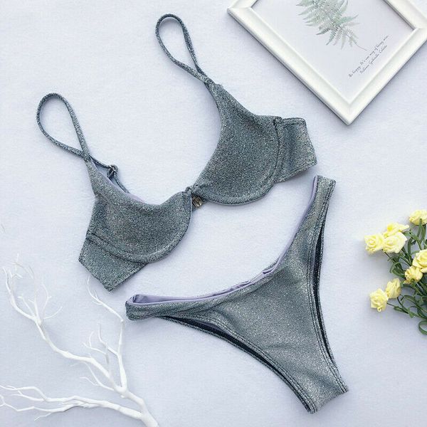 

2019 women bikini set sequins padded swimwear push up two piece bra triangle solid swimming suit swimsuit bathing suit tankini