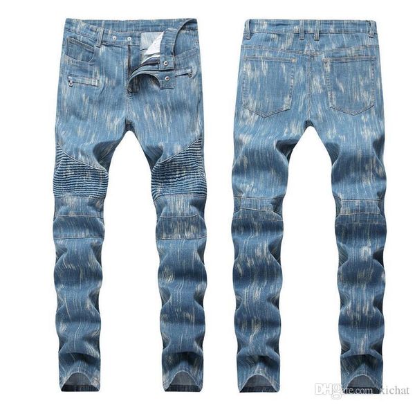 

mens fold stretch light blue skinny jeans slim fit designer pleated panelled biker denim pants streetwear qkn1388