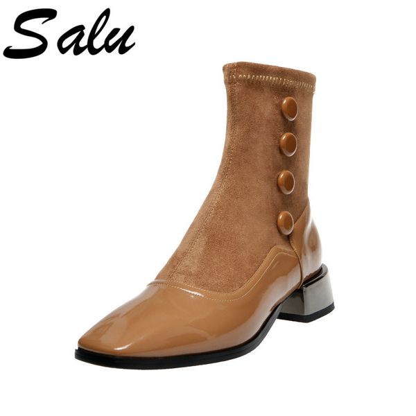 

salu winter quality genuine leather warm short boots female party office shoes woman square heels punk ankle boots, Black