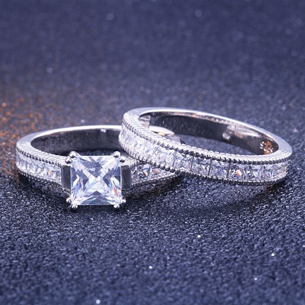 

luxury female square crystal ring set classic promise wedding rings for women fashion sterling silver love engagement ring, Golden;silver