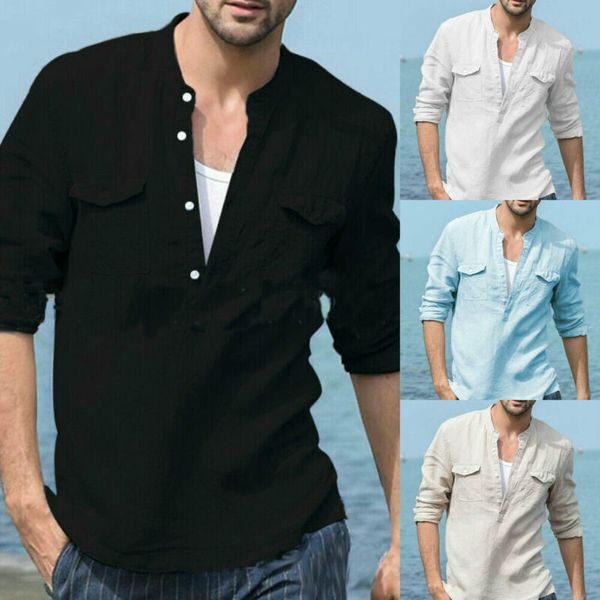 

brand new men's t-shirts linen long sleeve button solid casual loose soft autumn pure color with pocket fashion 2019, White;black