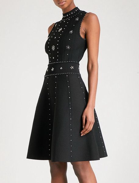 

929 2018 autumn flora print dresses o neck beads a line knee length sleeveless brand same style dress black sh, White;black