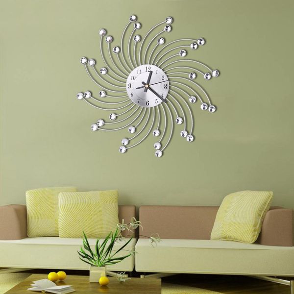 

new vintage metal crystal sunburst fashion metal luxury diamond rhinestones round silent analog quartz wall clock home decor