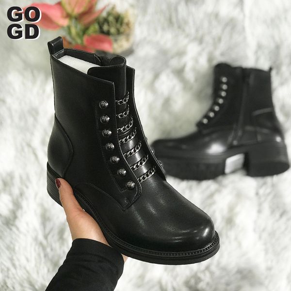 

gogd] boots women 2020 autumn and winter new british wind chain thick heel short boots motorcycle women shoes, Black