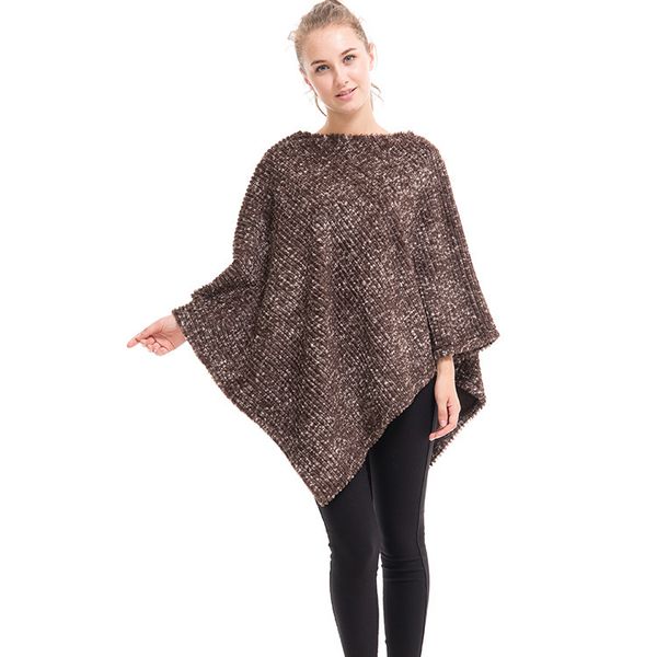 Fashion Plus Size Cardigan scozzese da donna in poliestere a collo alto Mantello con maniche a pipistrello Poncho lavorato a maglia Sciarpa a righe femminili