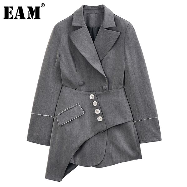 

eam] loose fit gray asymmetrical stitch two piece jacket new lapel long sleeve women coat fashion tide spring 2020 1r741, Black;brown