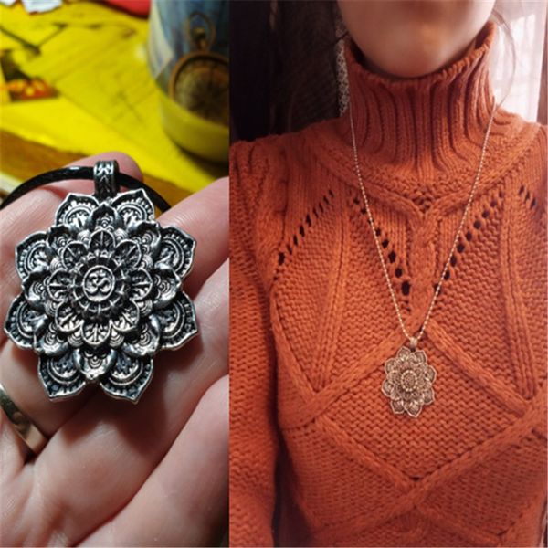 

charm lotus necklace for women men vintage cactus flower pendant necklaces punk jewelry, Silver