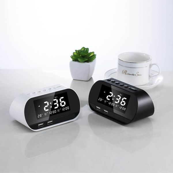 

led digital dual alarm mirror clock wireless bluetooth bass speaker fm radio+2 usb charger ports music player snooze temperature