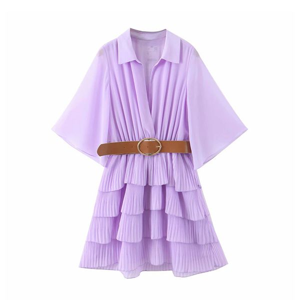 

paris girl summer fashion turn-down collar women's fitted belt pleated mini dress, Black;gray